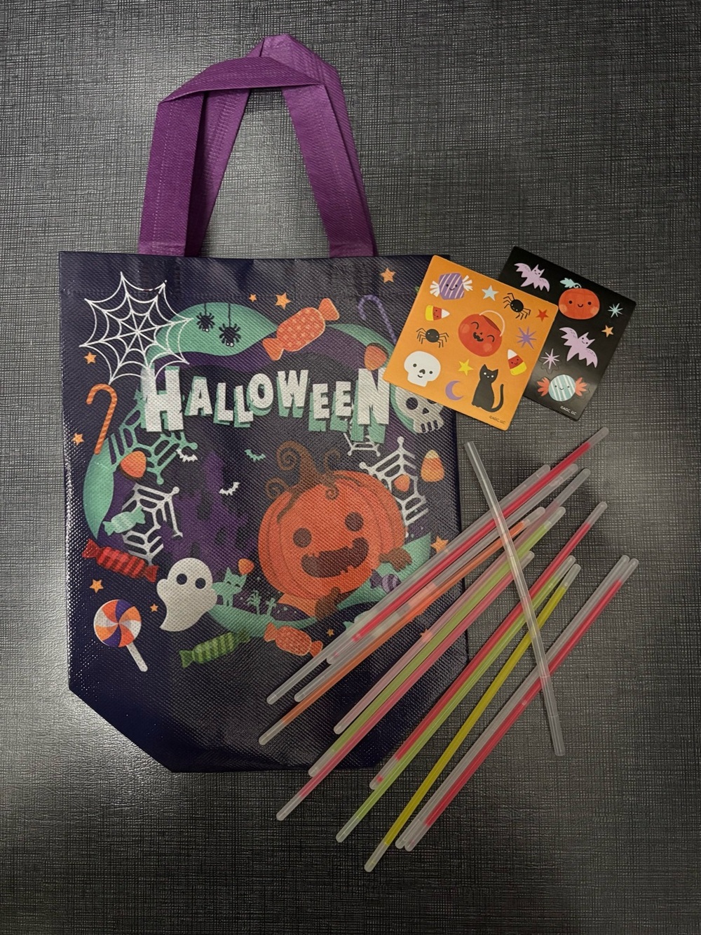 Halloween Kids Trick-or-Treat Tote Bag with Glow Sticks and Stickers